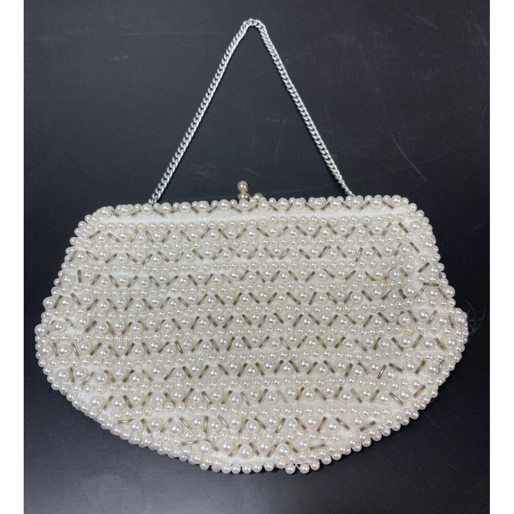 Vintage White and Silver Beaded Evening Bag or Clutch with Silver Chain